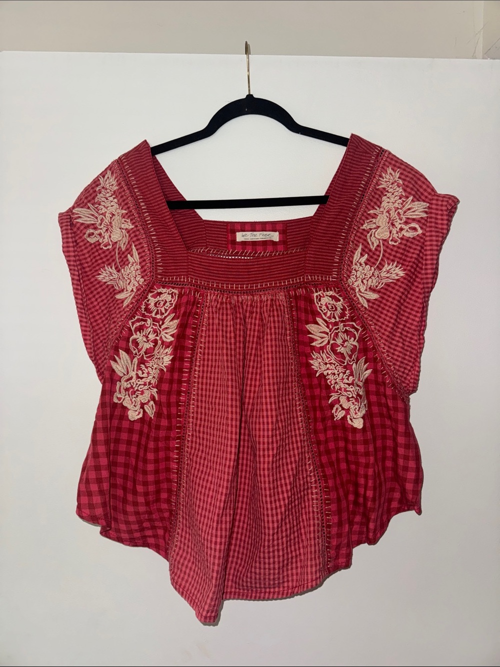 Red & Pink Checkered Embroidered Peasant Blouse